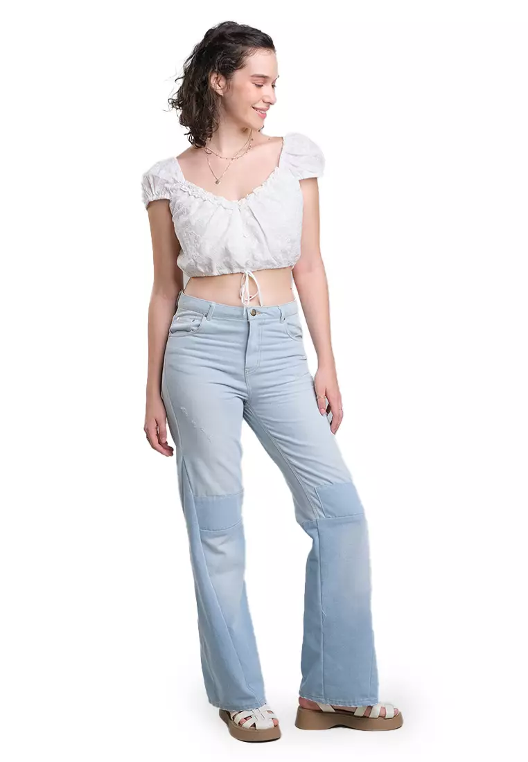 Embroidered Cotton Cropped Blouse With Puff Sleeves