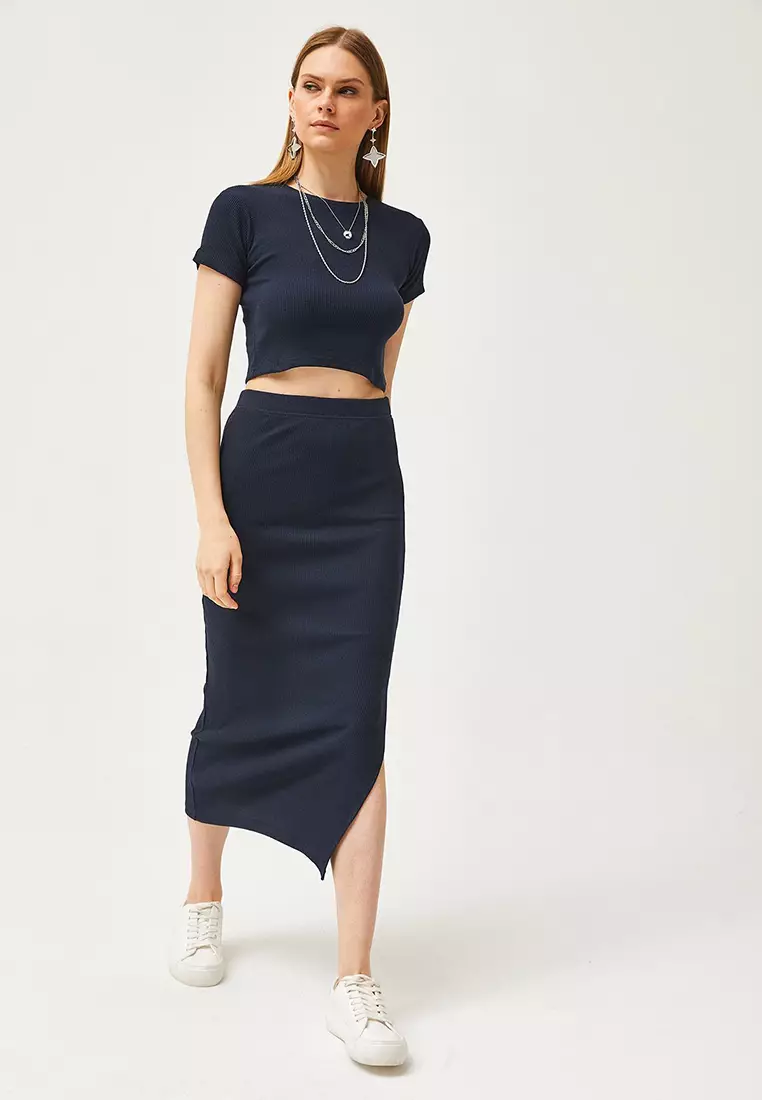 Fitted Rib Crop Top & Slit Skirt Set