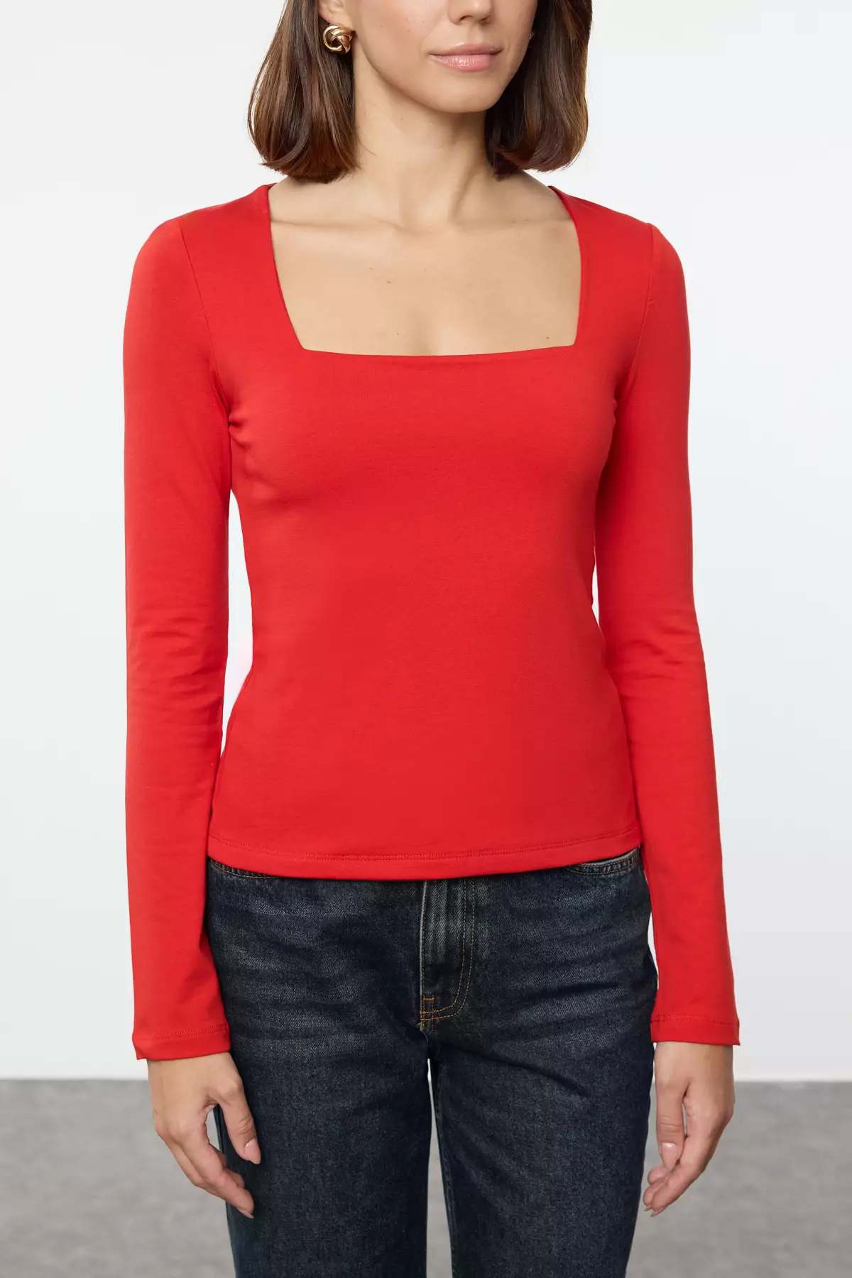 Square Collar Cotton Knitted Blouse Regular Fit