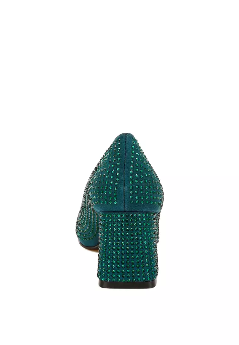 Rhinestones Embellished Pumps in Bottle Green