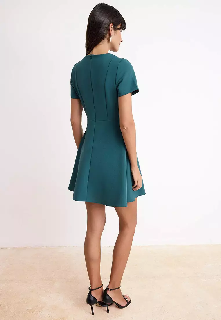 Petrol Skirt Flared From The Waist Short Sleeve Mini Stretchy Woven Dress Twoss26El37