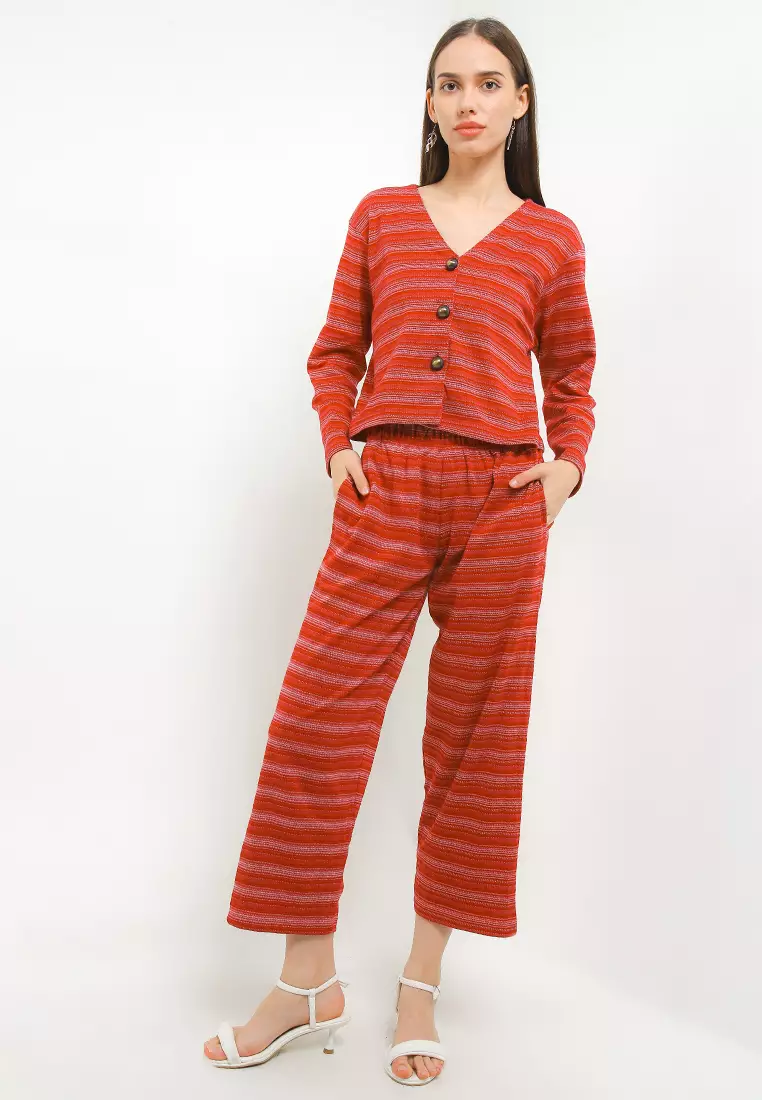 Atasan Bawahan Set Stripe Lengan Panjang Celana Panjang