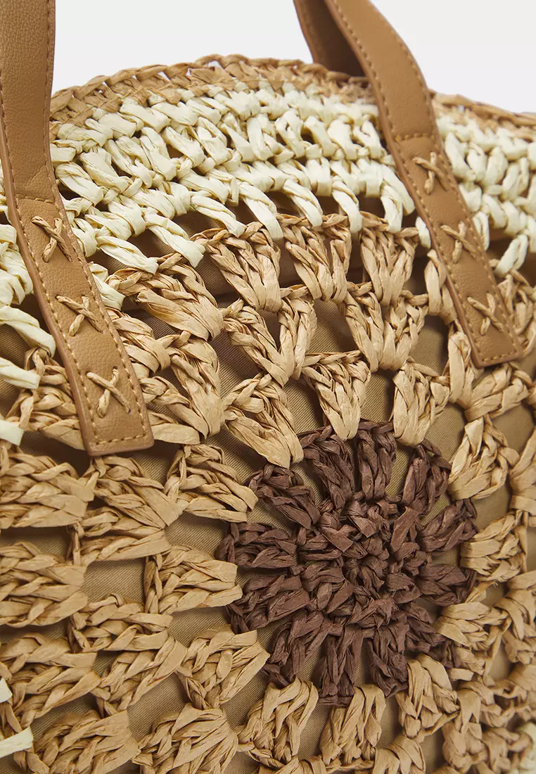 Camel Color Block Hand Knitted Straw Women Round Shoulder Bag Takss25Oc00054