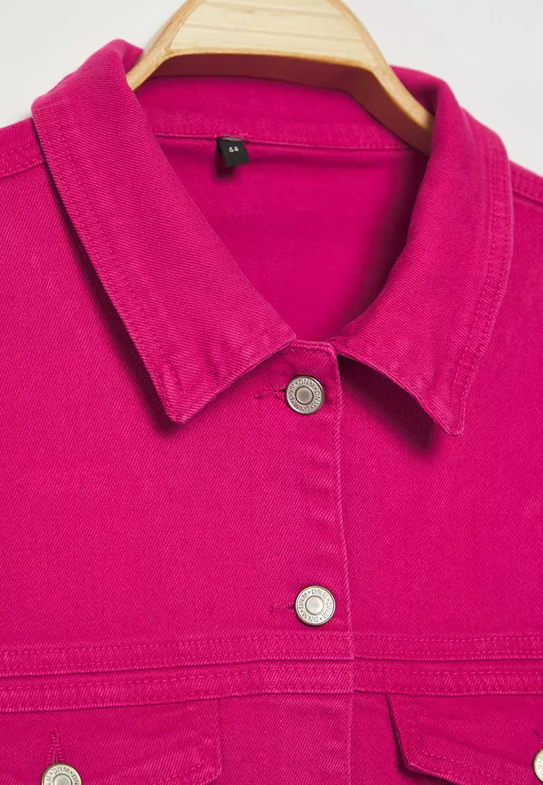 Fuchsia Stretch Crop Plus Size Denim Jacket TBBSS25AG00007