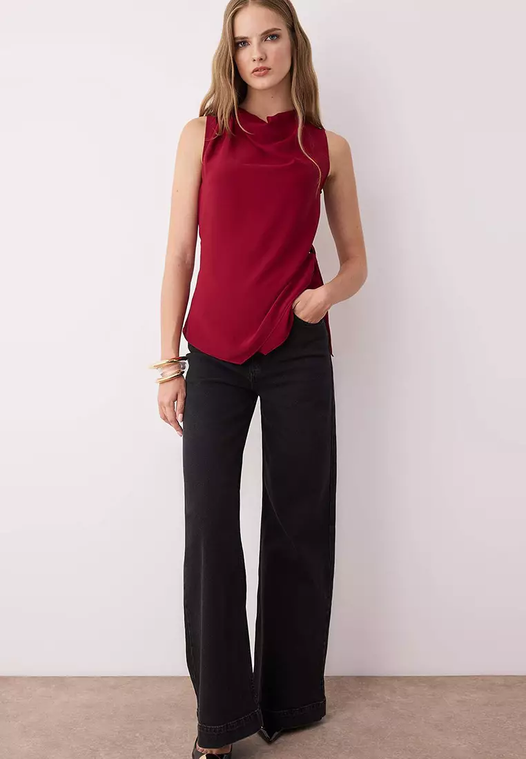 Burgundy Sleeveless Satin Binding Detail Blouse
