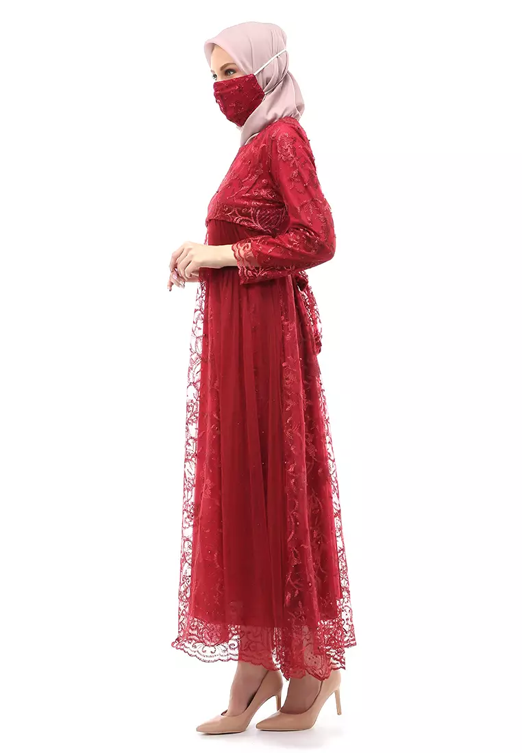 Marlina Gamis Kebaya Muslimah Panjang Motif Polos Long Sleeve Regular Fit - Maroon