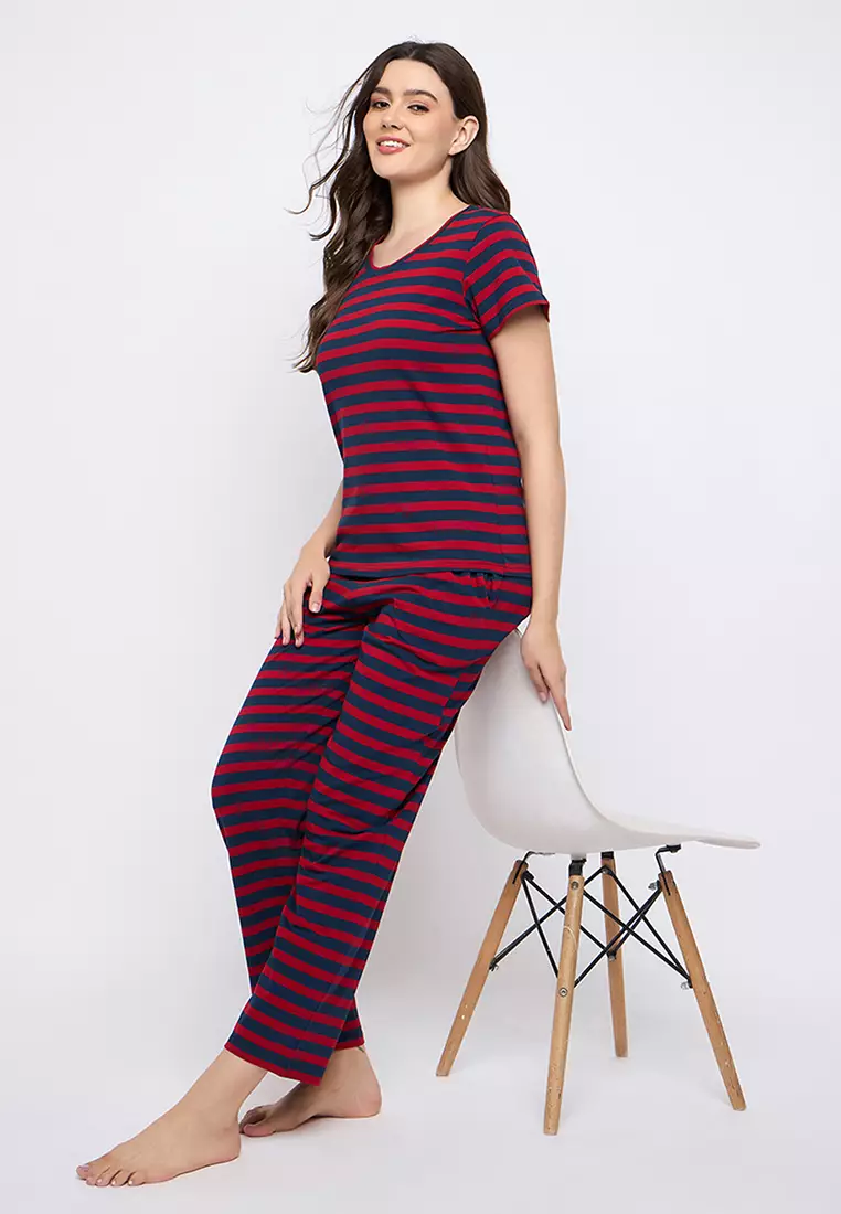 Clovia Striped T-shirt & Pyjama Set in Maroon & Navy Blue - 100% Cotton