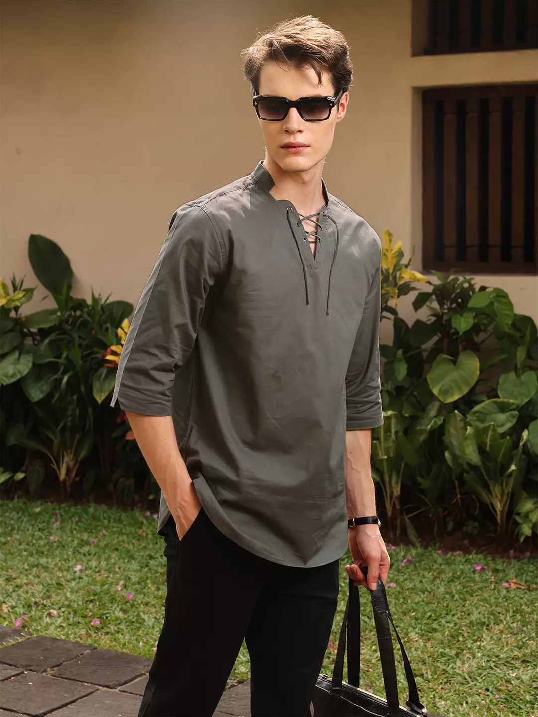 OXCON ZUHUD Kemeja koko Modern Linen Look Collarless Shirt Olive