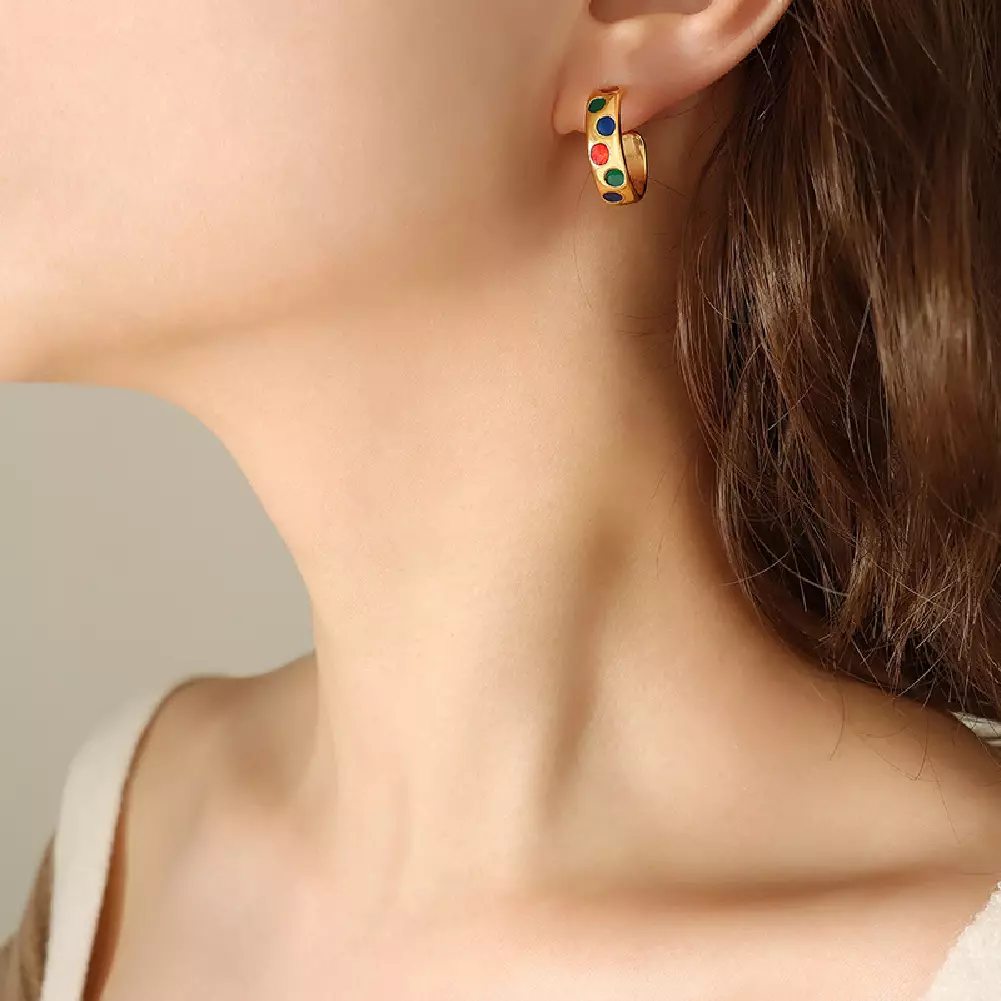Glamorousky Gold Enamel Color Dot C-Shape Geometric Earrings Anting