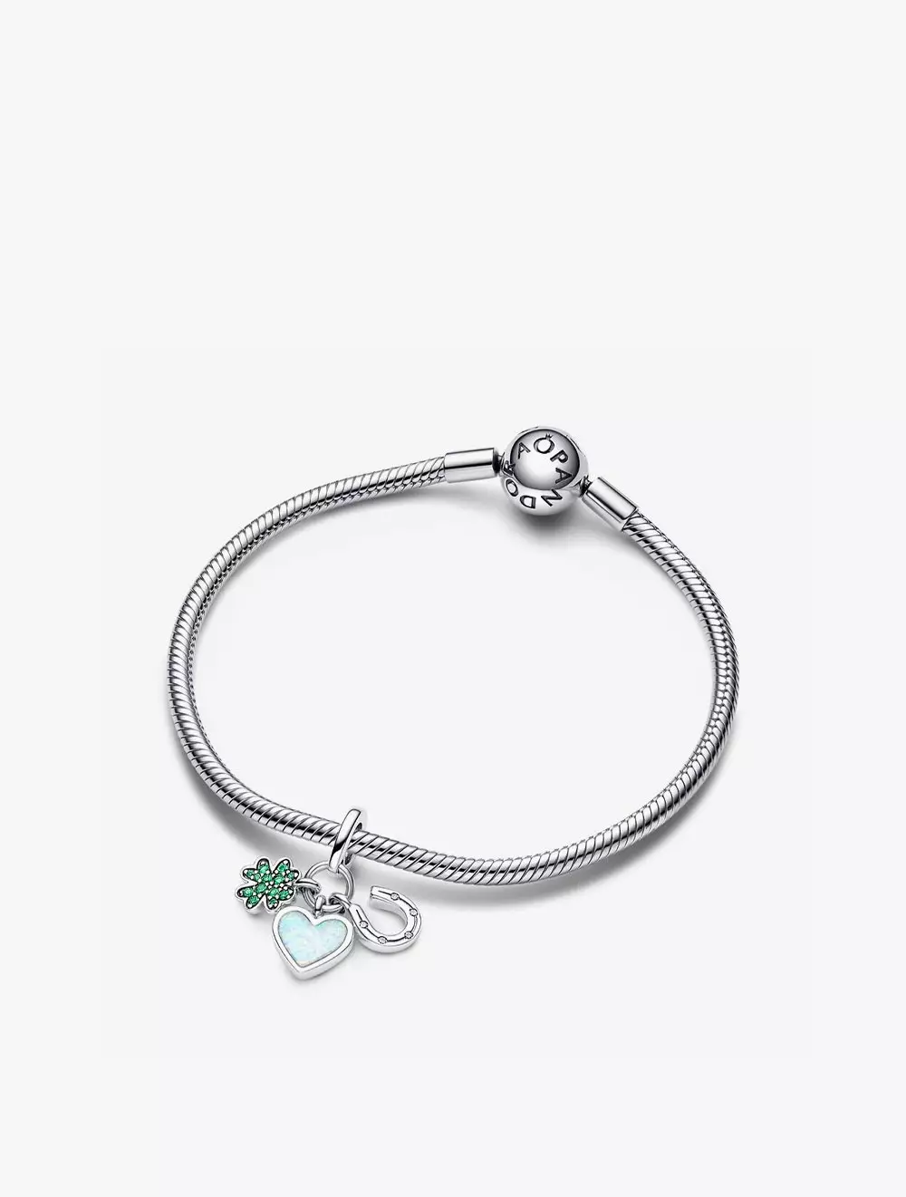 Clover, heart and horseshoe sterling silver dangle with clear cubic zirconia, royal green crystal and white lab-created opal