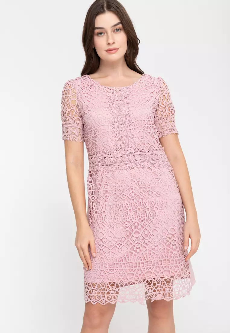 Buy Krizia V-neck Premium Lace 3/4 Puff Sleeve Dress 2024 Online