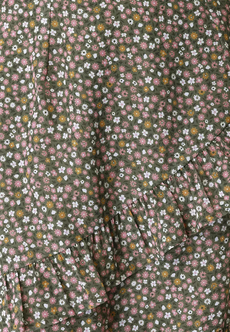 Olive Floral Smocked Top And Ruffled Mini Skirt Co-ord Set