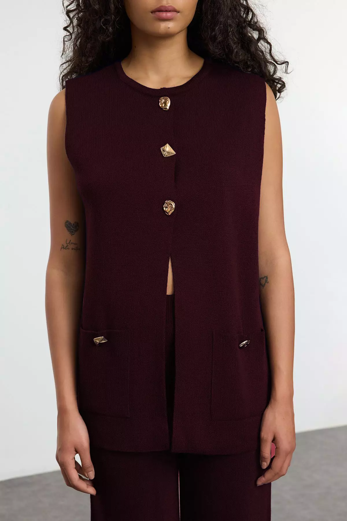 Plum Wide Fit Button Detail Vest Pants Knitwear Top And Bottom Set