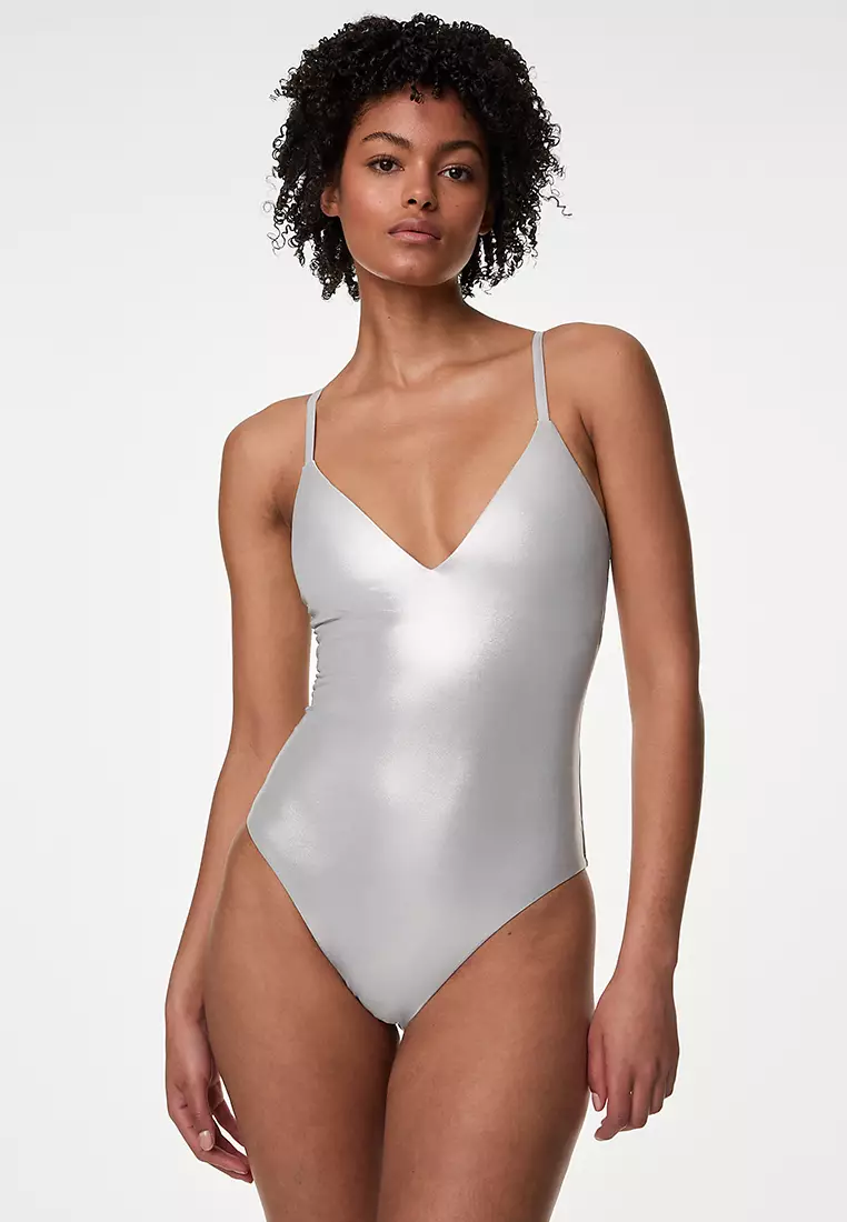 Metallic Padded Plunge V-Neck Swimsuit