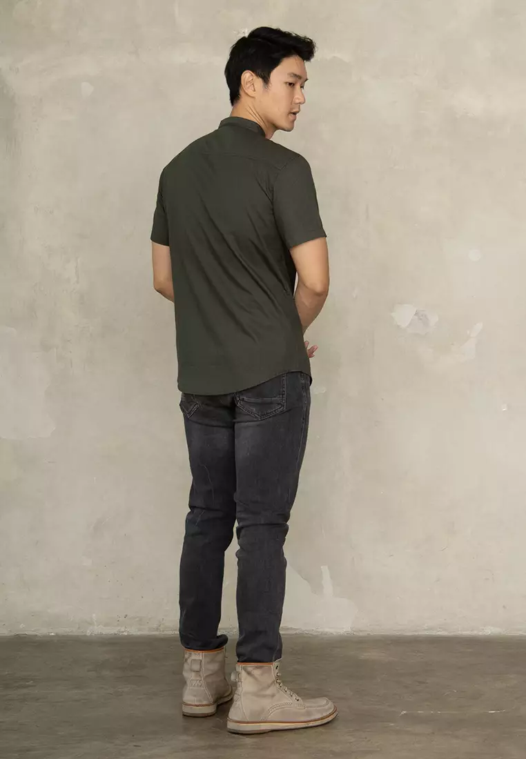 Kemeja Collarless Koko Tangan Pendek short shirt OXCON Dark Green