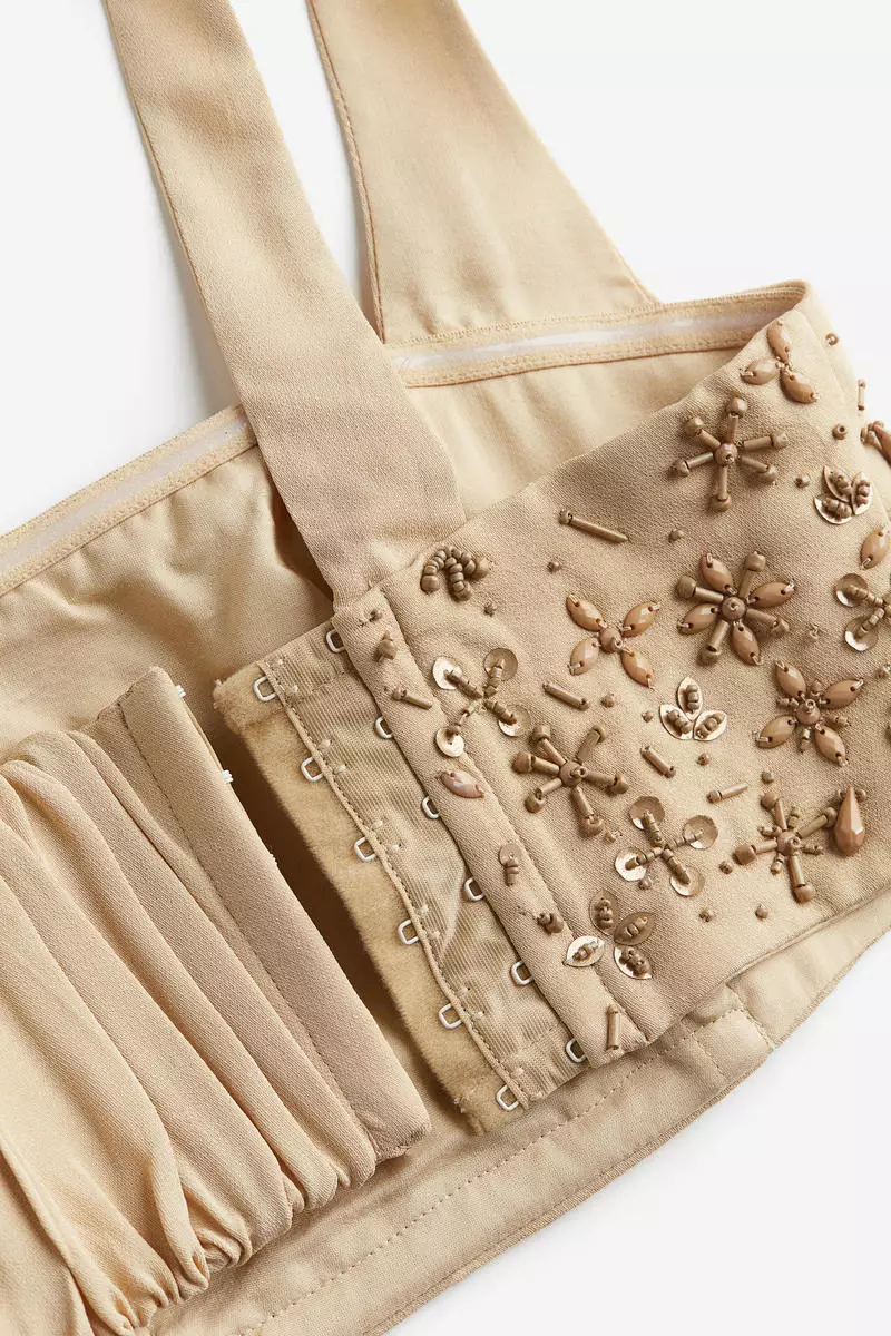 Beaded square-neck crop top