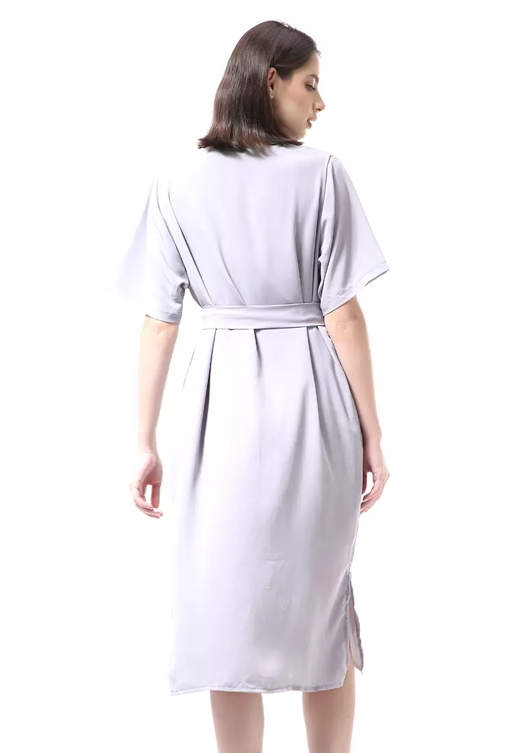 Rachel Midi Dress Wanita Lengan Pendek Full Kancing with Strap Pinggang Material Crepe ORIGINAL - Dusty Lilac
