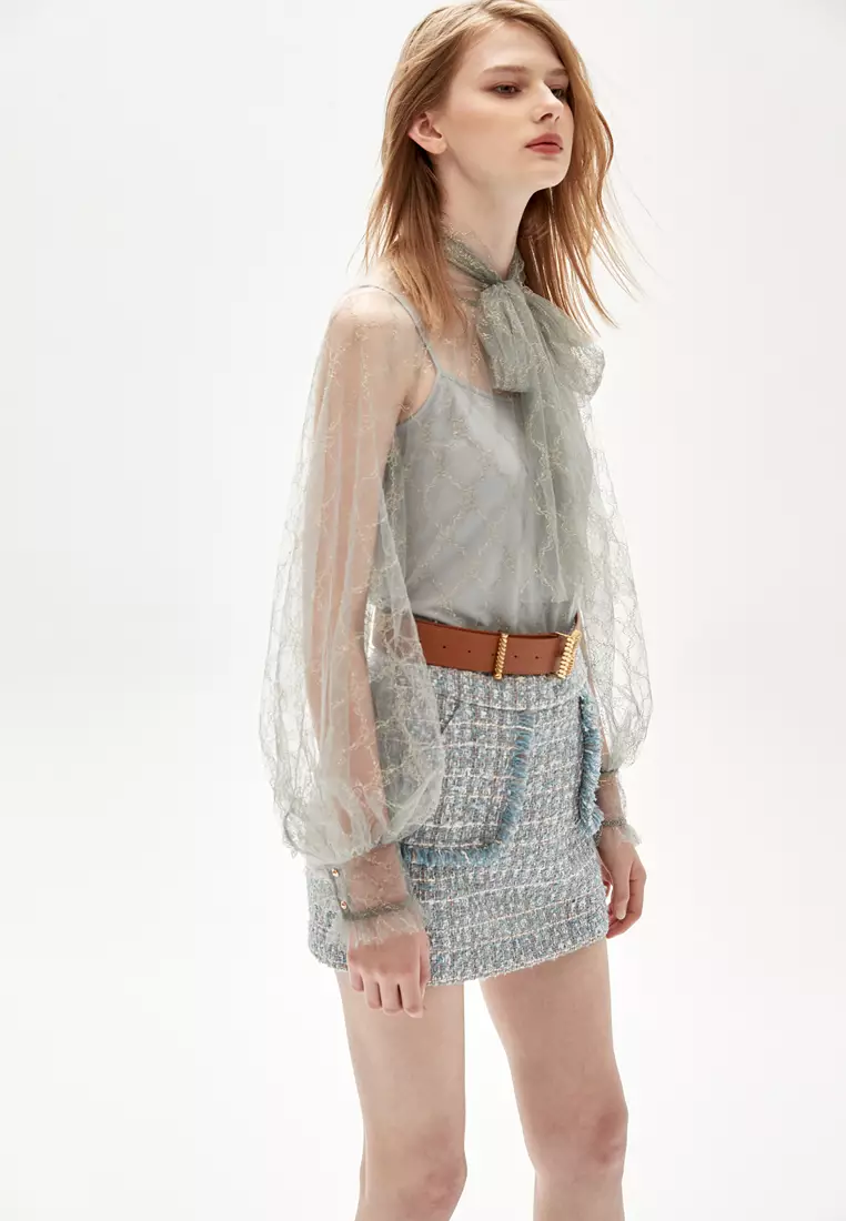 Grey Ribbon Bow Collar Lace Top