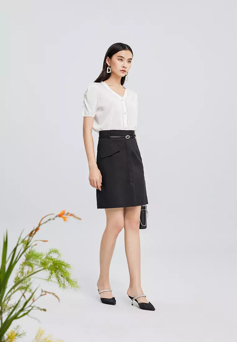 Sea Salt Front Slit Midi Skirt: L main image 0