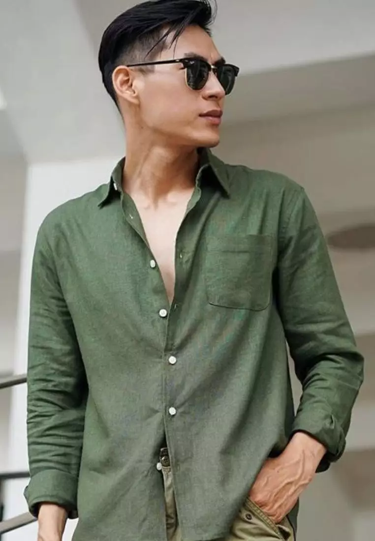 Midnight Green Kemeja Linen Lengan Panjang Pria Hijau | Linen Long Sleeve Shirt Men Green