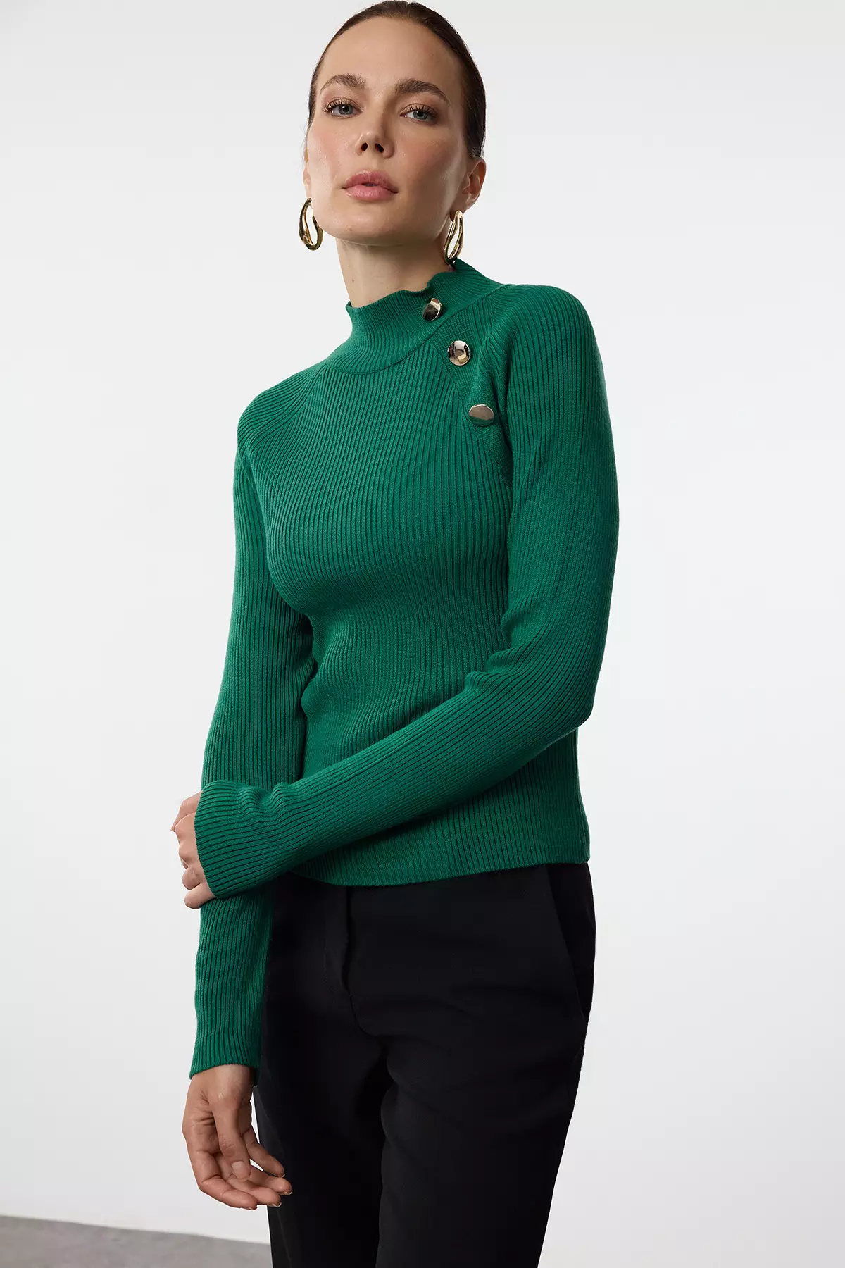 Green Button Stand Collar Detail Slim Fitted/Full Body Knitwear Sweater