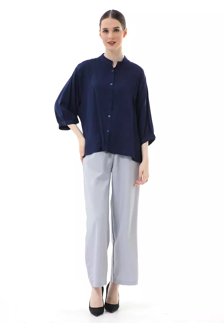 Ghita Kemeja Atasan Wanita Motif Polos Long Sleeve High Quality - Navy