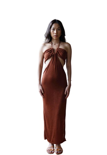 PINK N' PROPER brown Isabelle Bandeau Halter Cut Out Long Beach Dress with Slit in Brown 0130FUS79B6B84GS_1