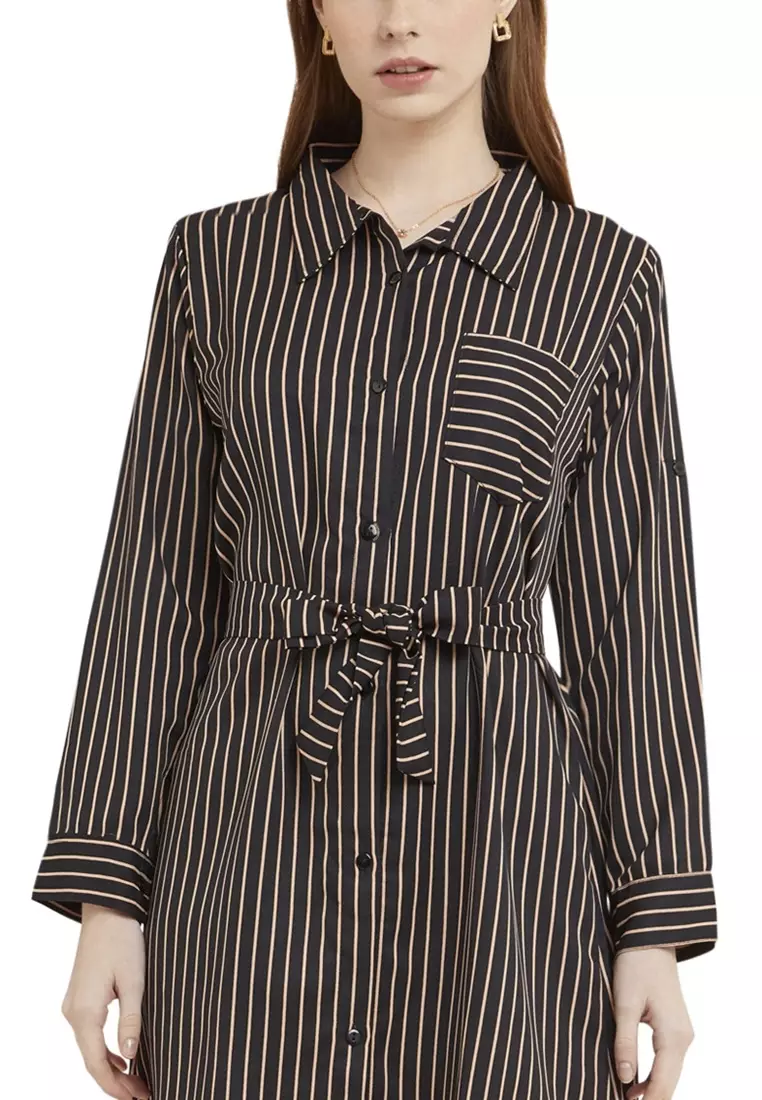 Tunik Salur Self Tie Belt Baju Wanita Lengan Panjang Garis Regular Fit - Black