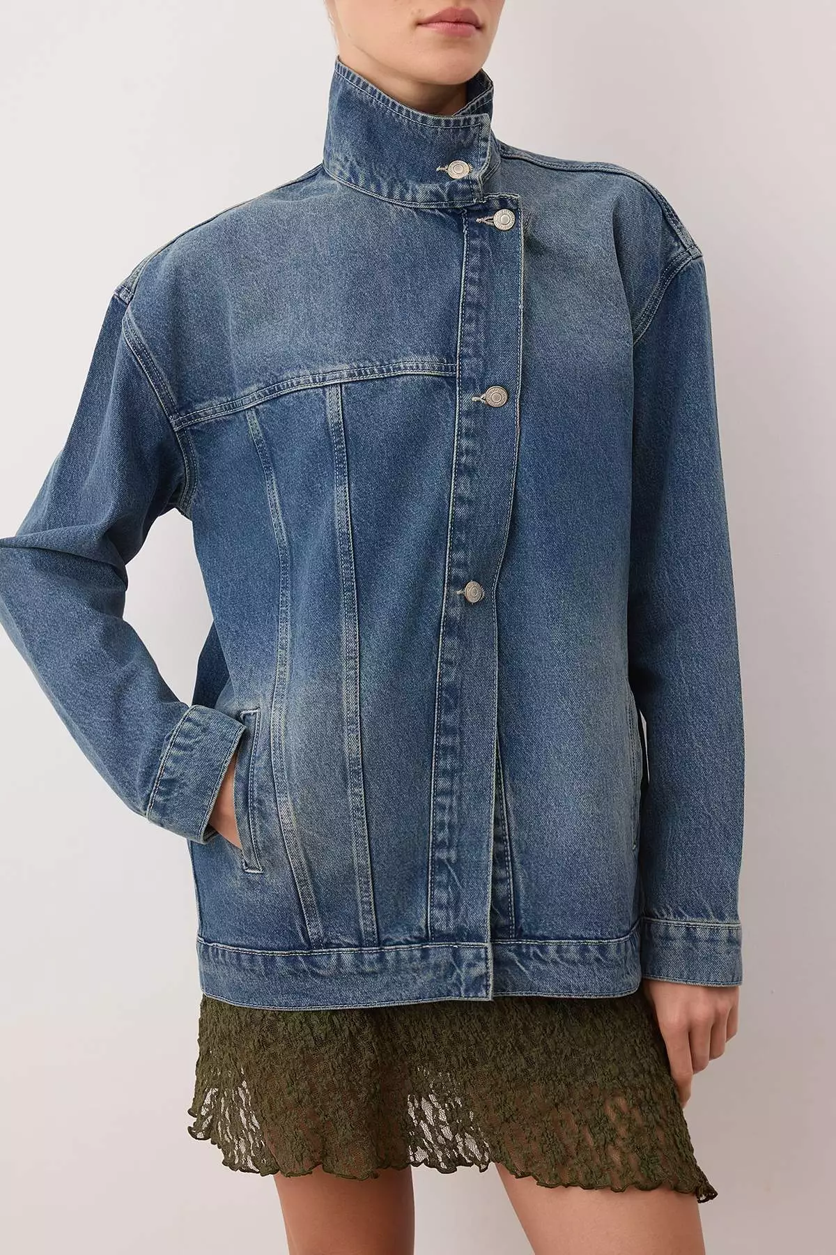 Blue Double Breasted Closure Stand Collar Denim Jacket Twoaw26Ce55