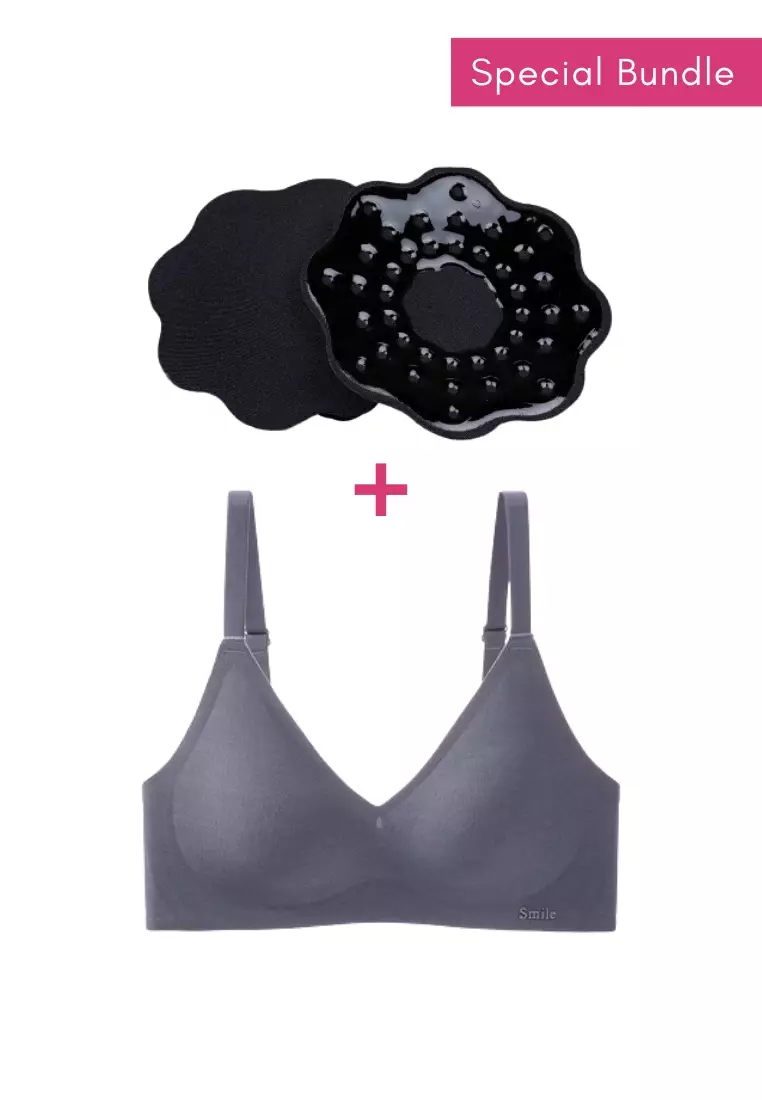 Special Bundle Premium Melanie Seamless Wireless Padded Support Bra in Grey and Nipple Cover Pads Flower in Black
