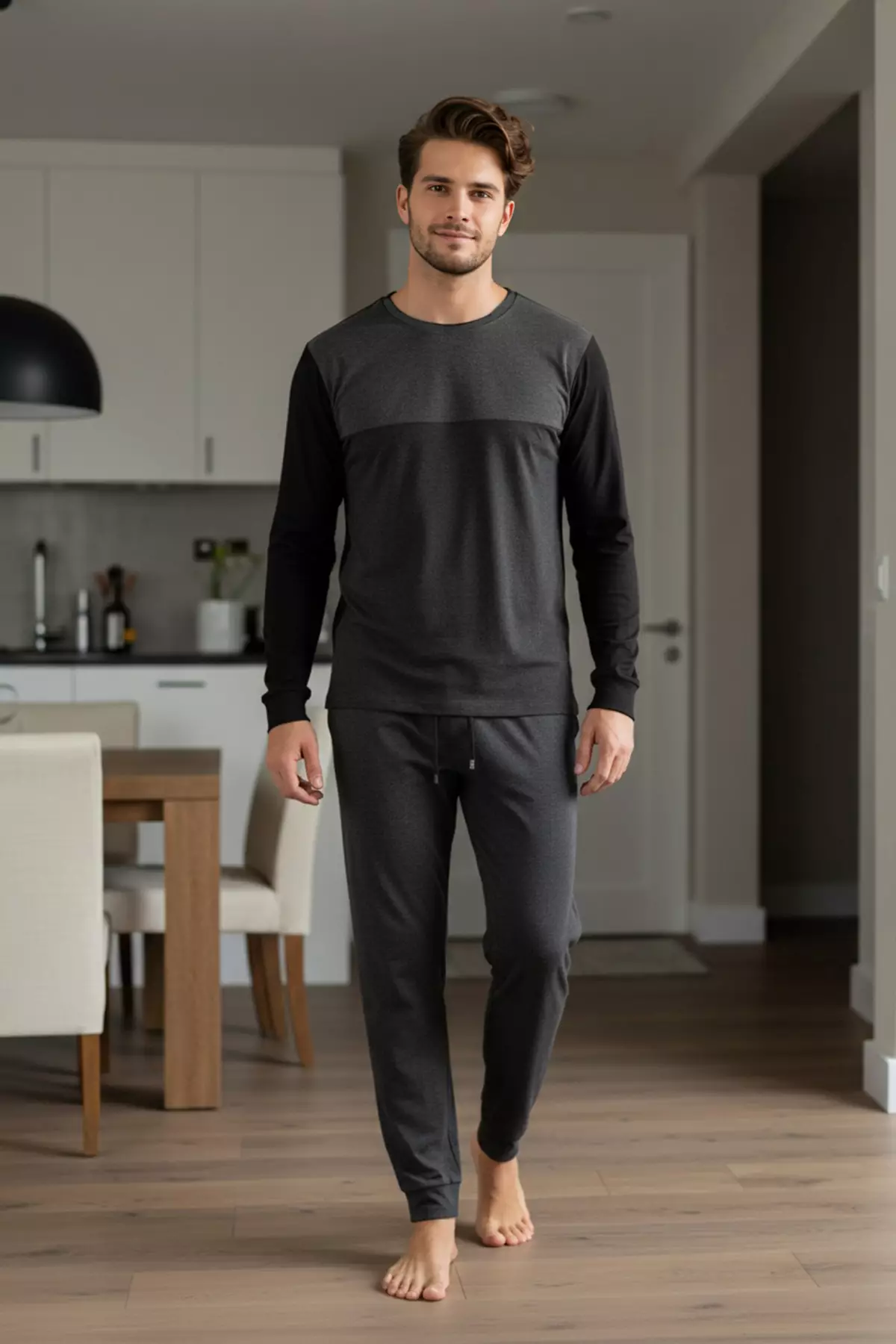 Anthracite Melange Regular Fit Color Block Knitted Pajama Set Tmnaw26Pt00001