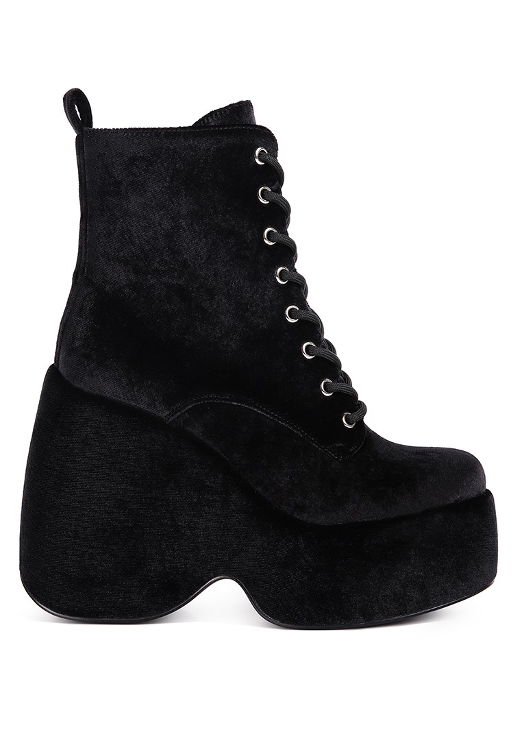 Black High Platform Velvet Ankle Boots