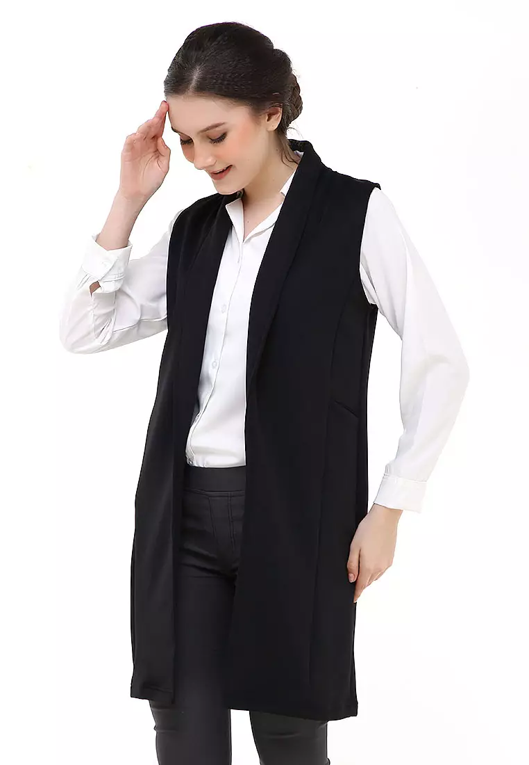Qemsya Blazer Wanita Sleeveless Simple Casual Plain Outer Material Scuba ORIGINAL - Black