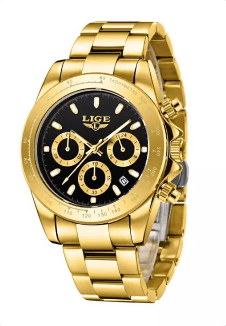 LIGE LIGE Chronograph Unisex IP Gold Stainless Steel Quartz Watch, Black  dial, Gold color Bracelet 2024 | Buy LIGE Online | ZALORA Hong Kong