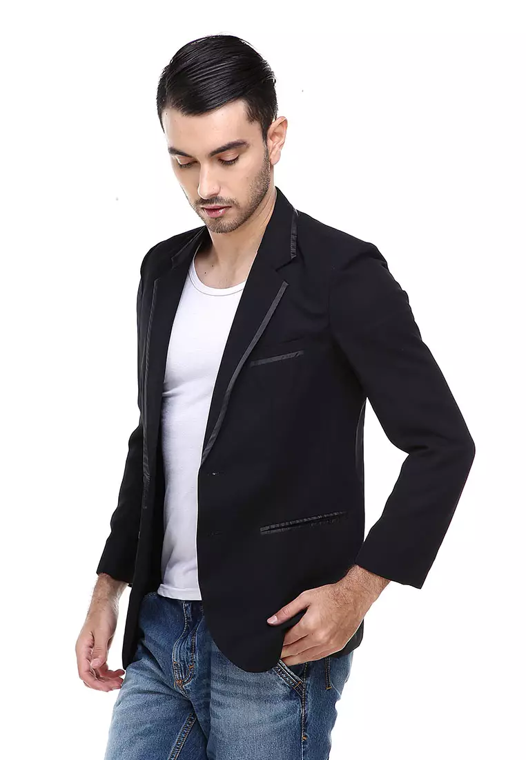 Woreq Jas Blazer Pria Pockets 2 IN 1 Collar Stripe Formal Suit Material High Twist ORIGINAL - Black