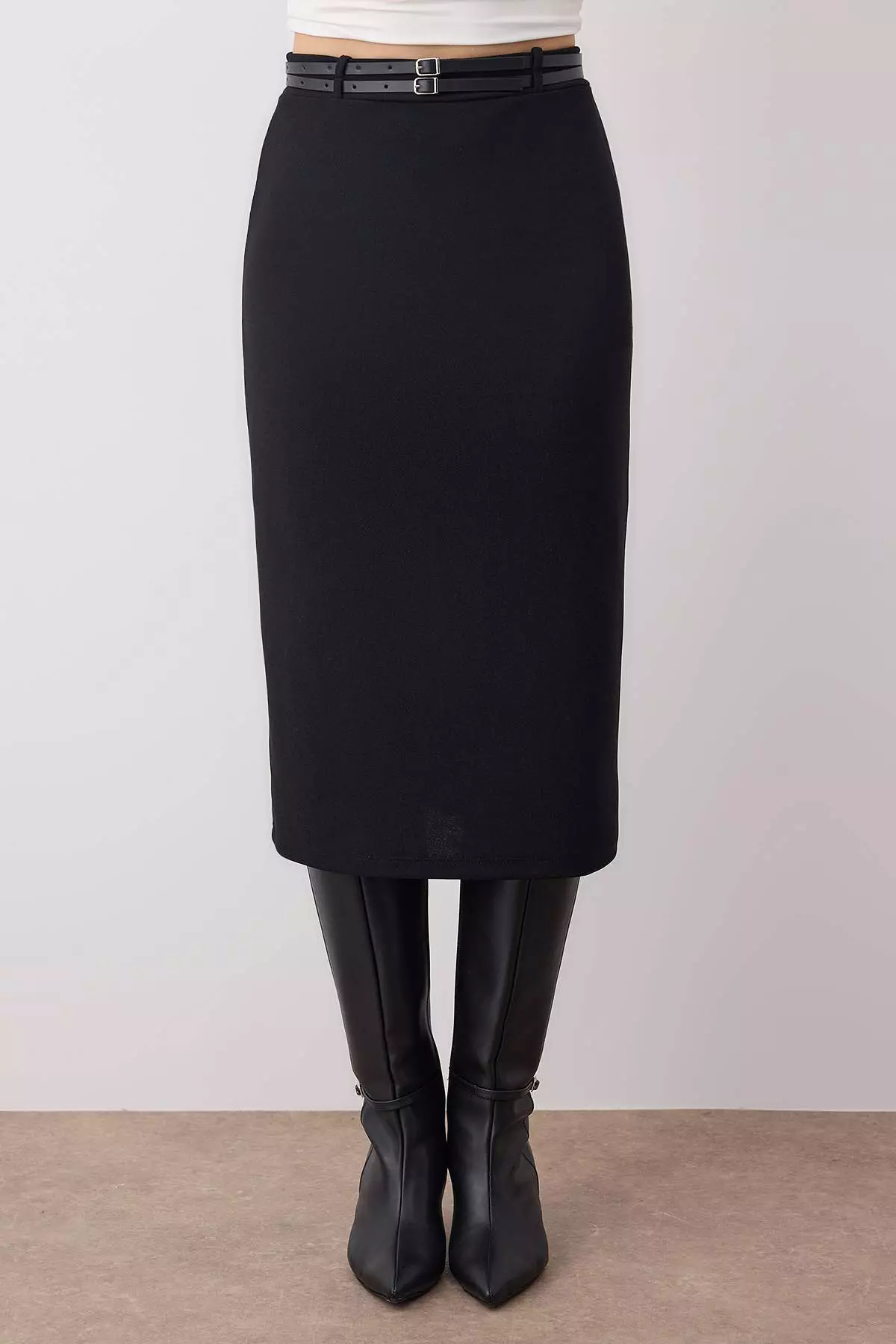 Black Pencil Double Belted Crepe Flexible Knit Skirt