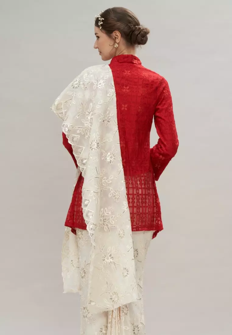Red Checkered Lace Kebaya Top & Brokat Skirt