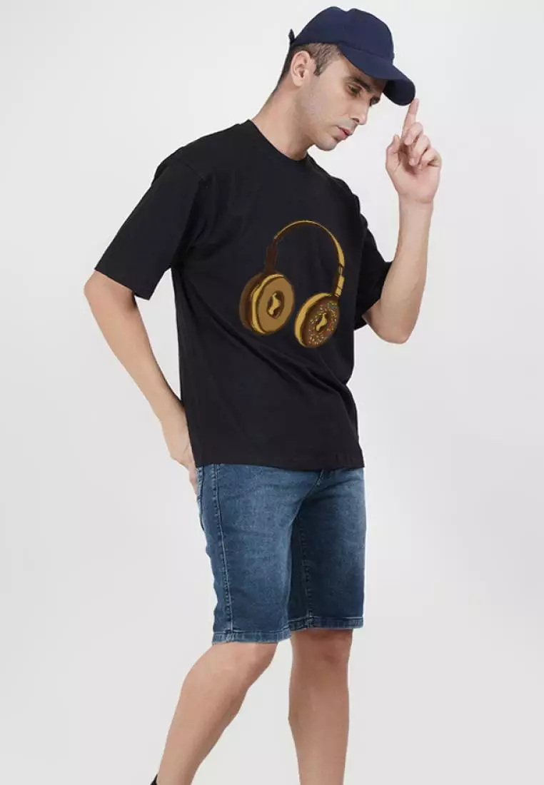 Oversized Headfone Dounut Black Cotton Short Sleeve Relaxed Tee