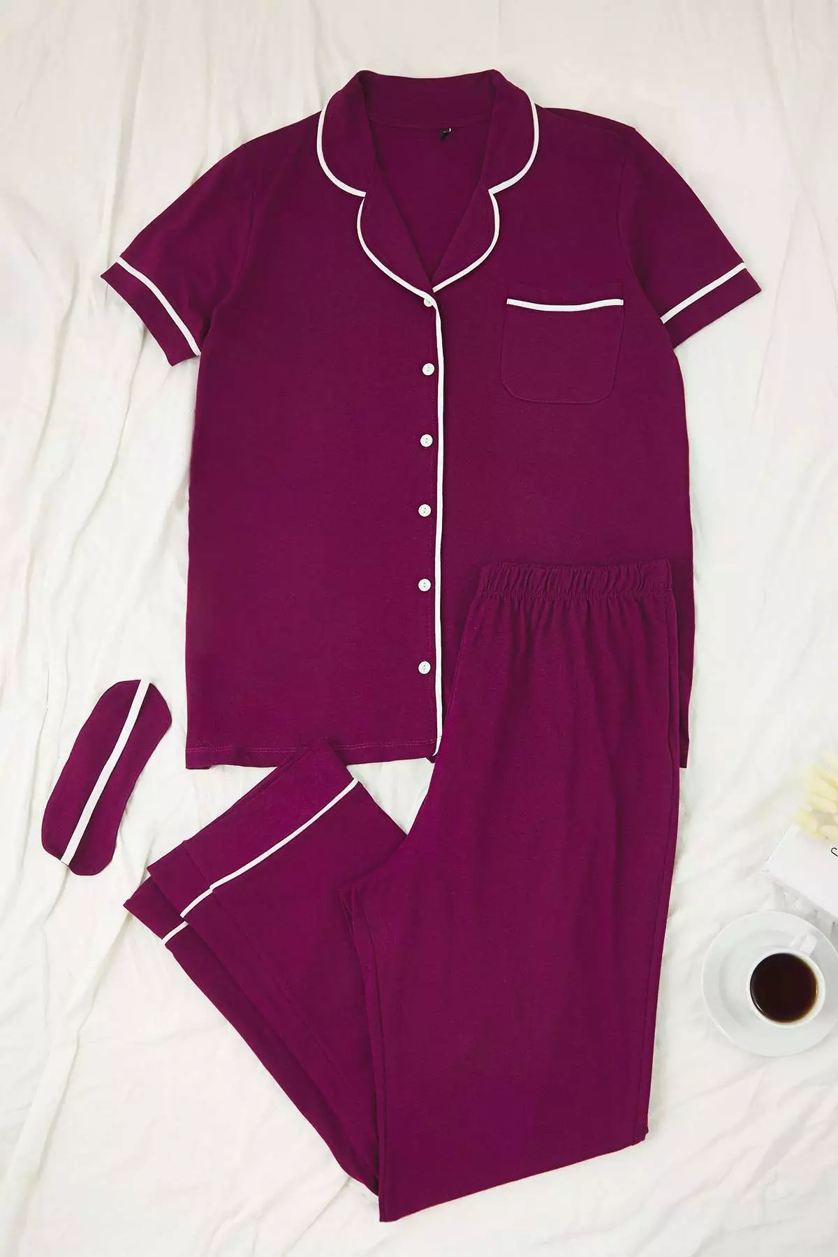 Plum Piping Detailed Shirt Collar Knitted Pajama Set