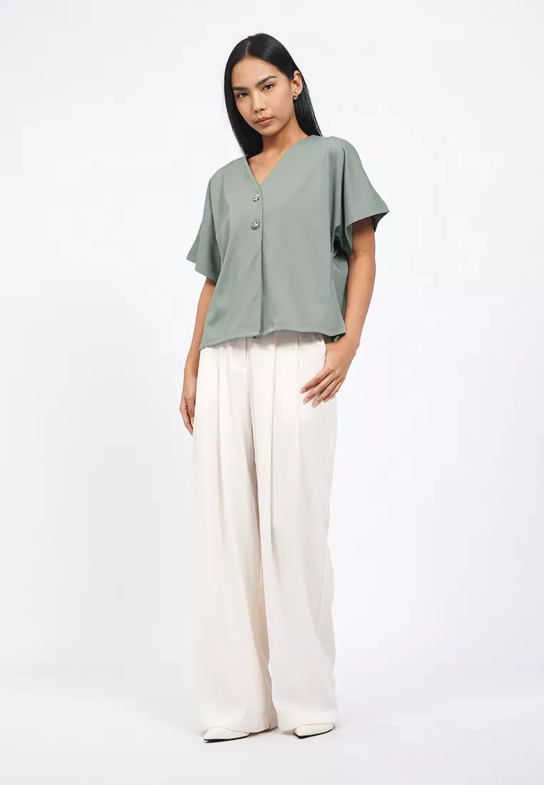 V-Neck Short Sleeve Batwing Blouse