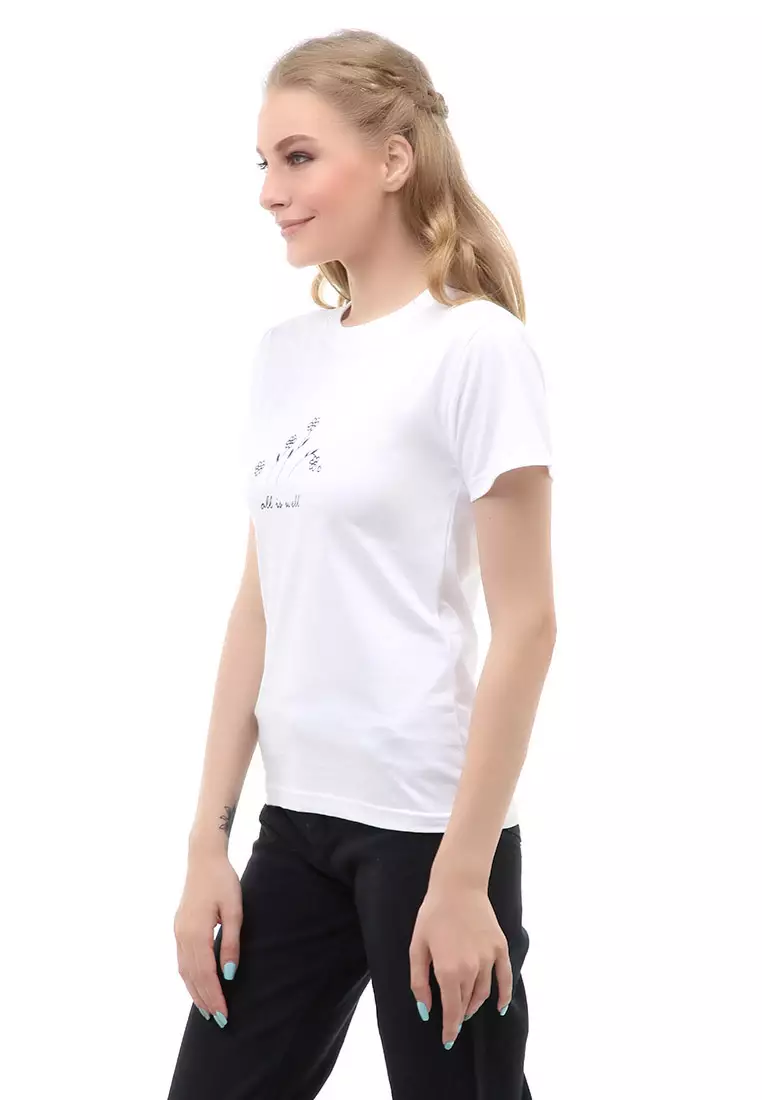 Genevie T-Shirt Kaos Kasual Wanita All Is Well Short Sleeve Material Cotton Combed ORIGINAL - White