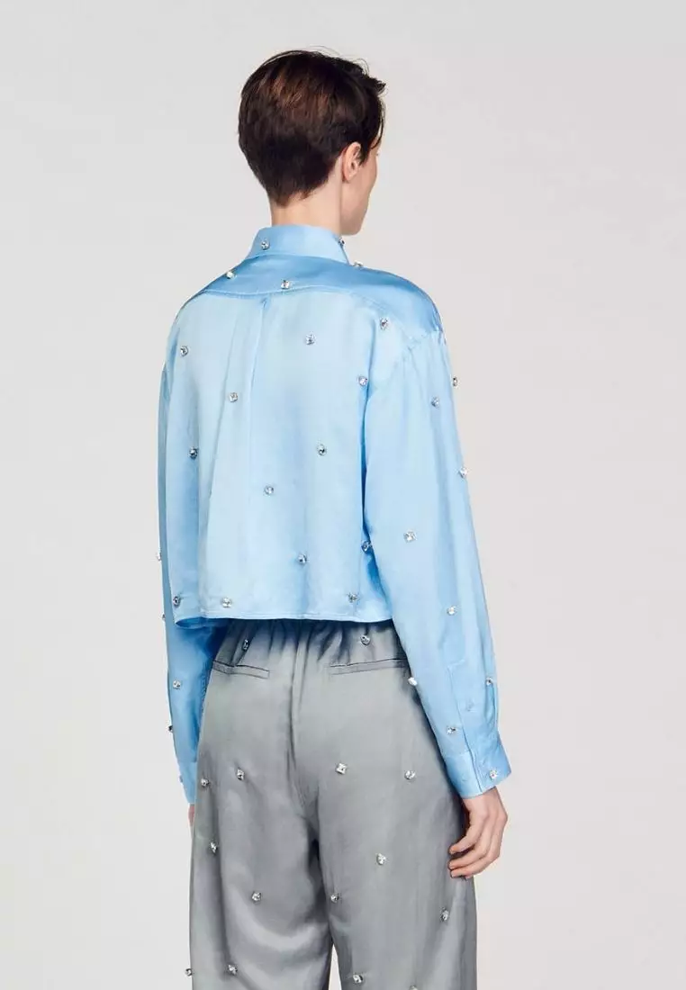 Sandro Women's Oversized Shirt with Rhinestones - Sky Blue - Size Medium