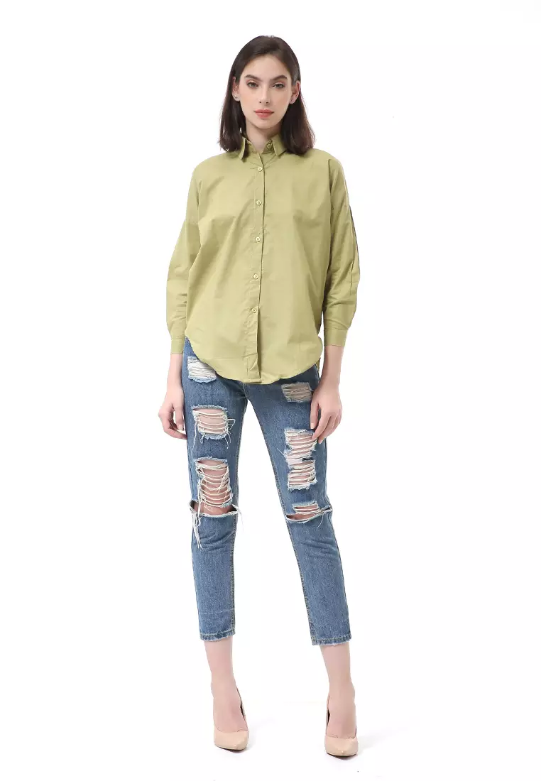 Brielle Atasan Wanita Kemeja Kasual Lengan Panjang Detail Silang Bagian Belakang Material Cotton ORIGINAL - Sage