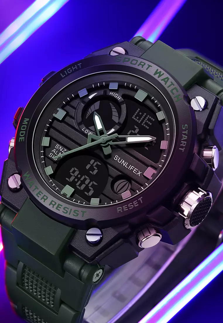 Jam Tangan Pria Analog&Digital Tali Silicone Original Luminous Display Anti Air Jam Tangan Cowok Greenblack