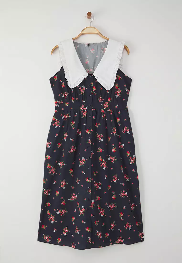 Multicolored Floral Poplin 100% Cotton Baby Collar Midi Woven Plus Size Dress TBBSS25AH00158