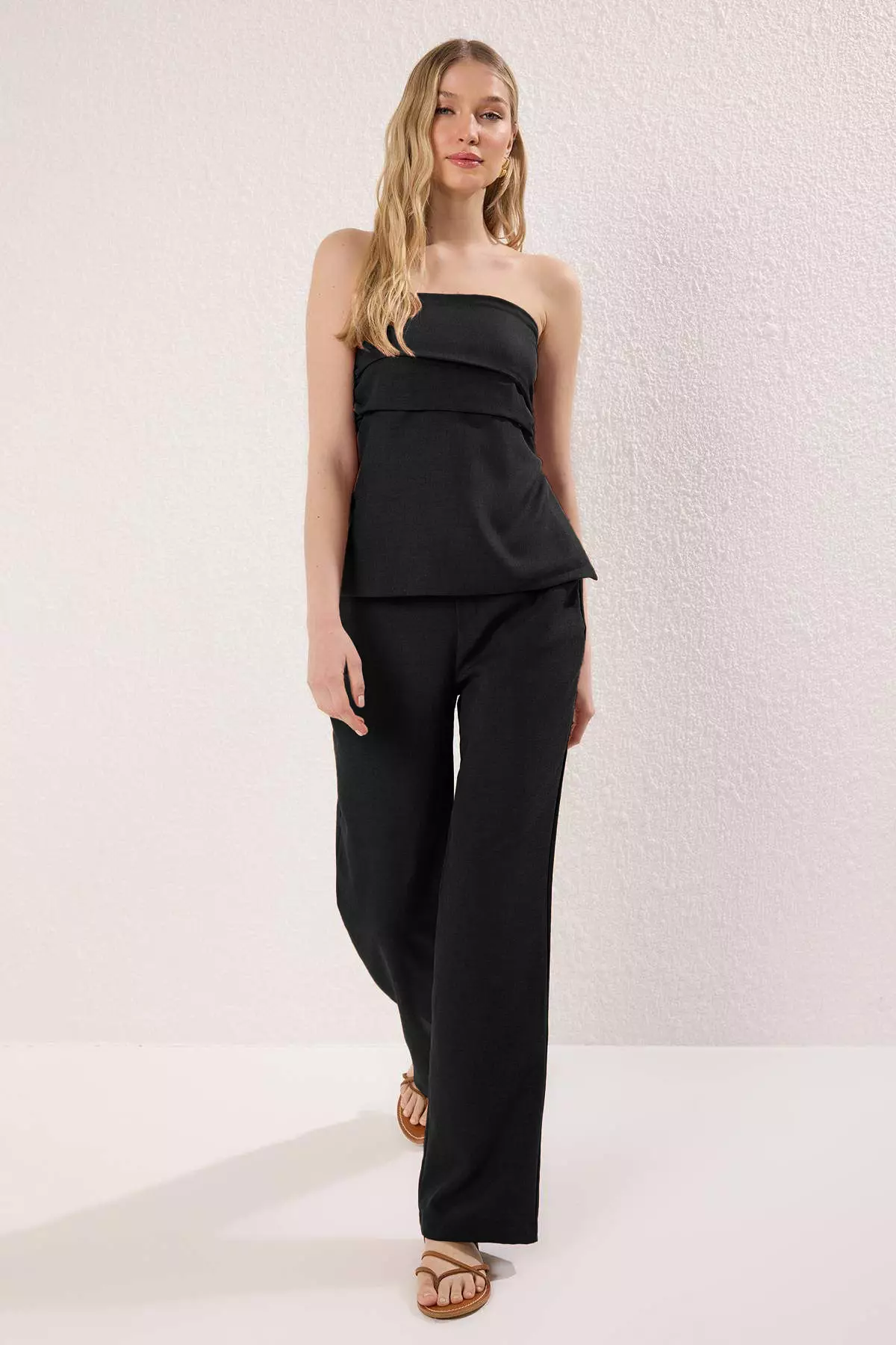 Black Linen Look Strapless Blouse And Pants Bottom Top Set