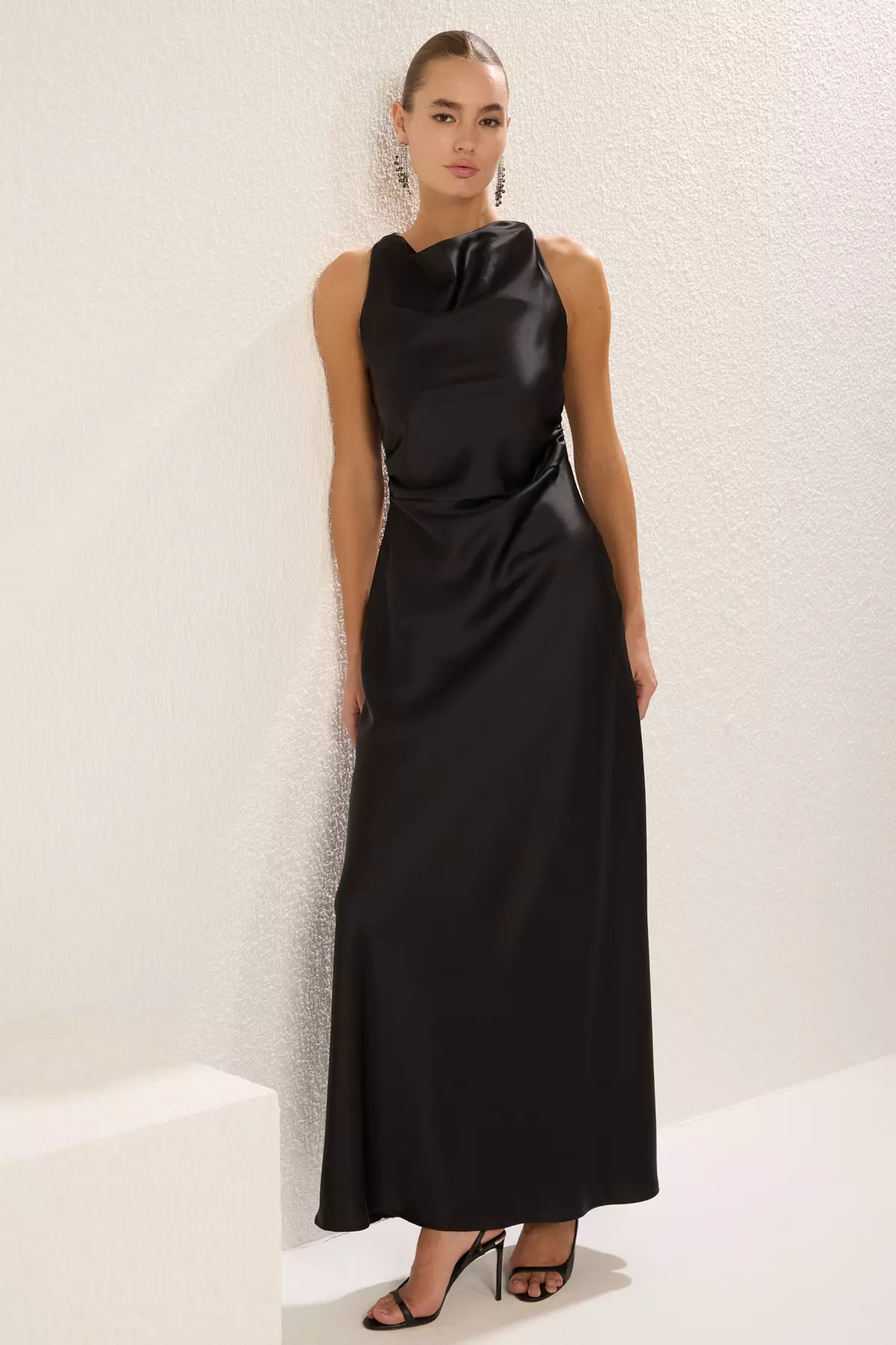 Black Bodycon Satin Woven Maxi Evening Prom Dress TPRSS25AE00066