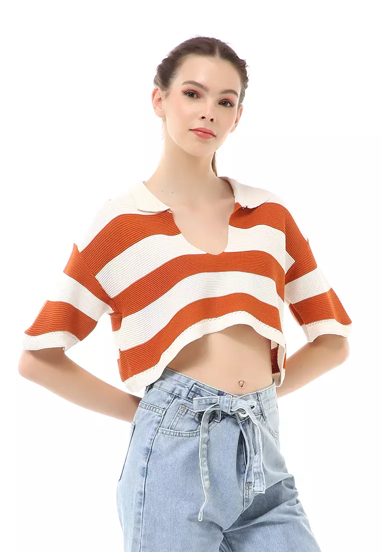 Albertine Atasan Crop Wanita Lengan Pendek Motif Salur Material Rajut ORIGINAL - Bata