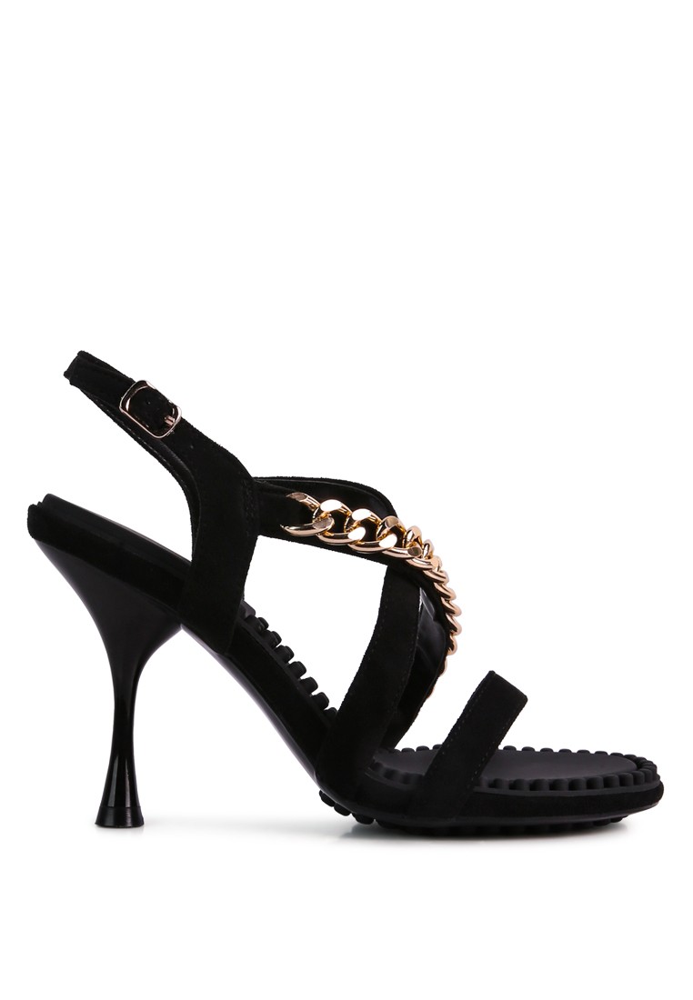 Black Metal Chain Mid Heel Sandal