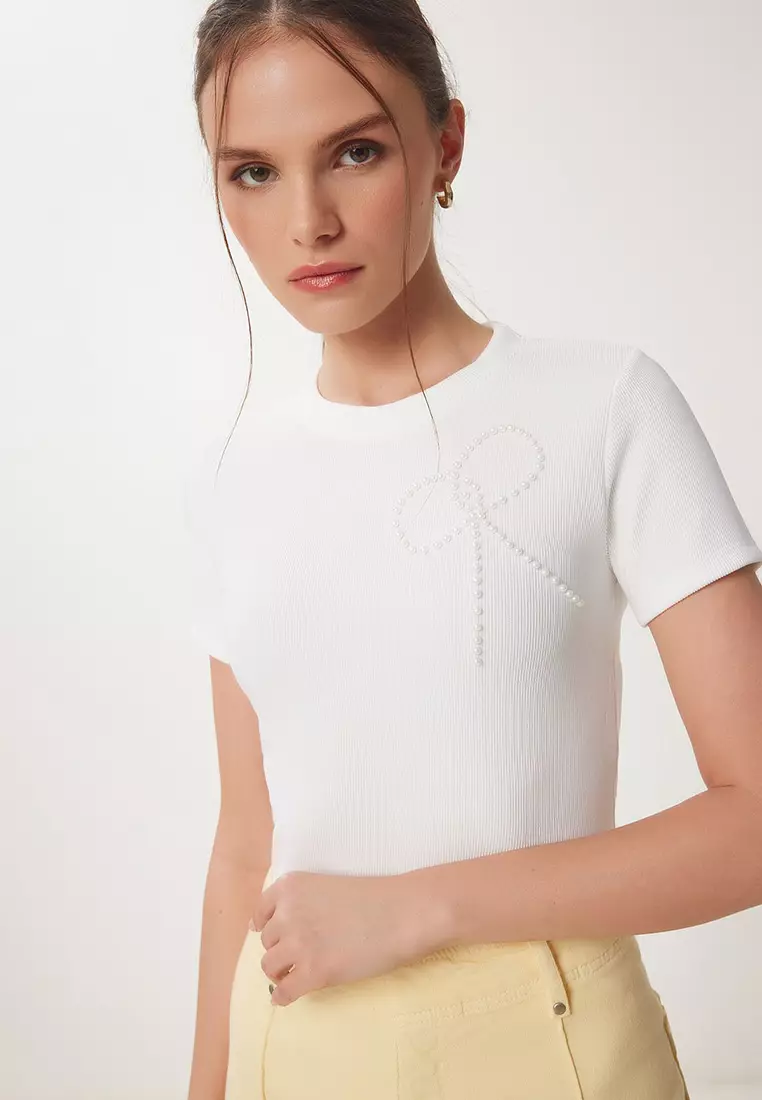 Beaded Bow Detailed Knitted T-Shirt